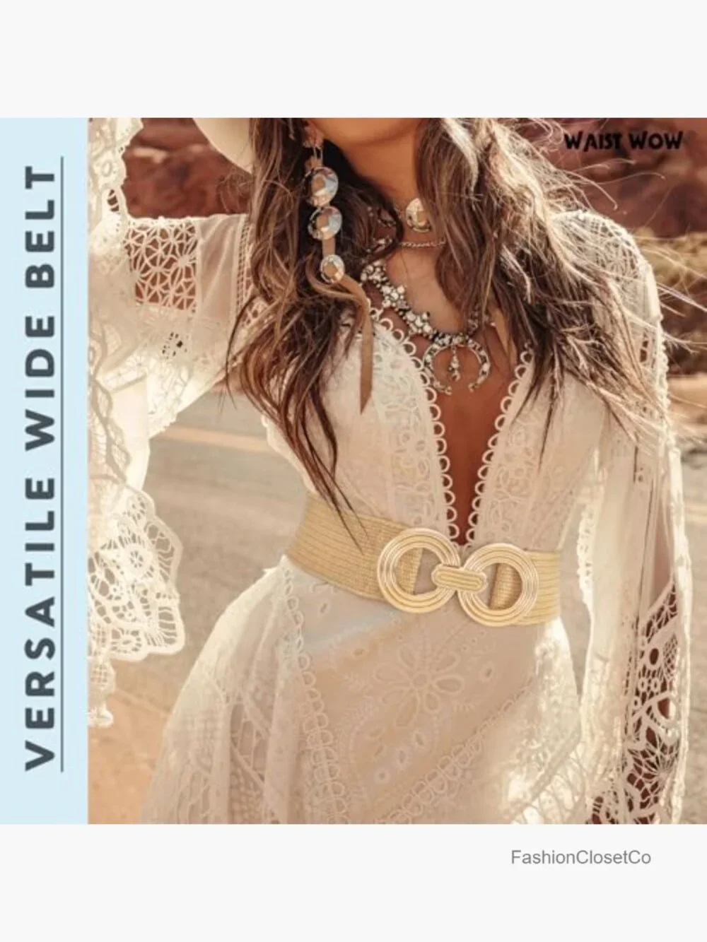 Straw Woven Elastic Stretchy Belt with Gold Buckle for Dresses